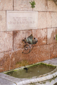 Fuente en la Plaza Mayor de Villach, Austria, con forma de pececillo. fotografía de Milena Martínez, fotógrafa en Madrid.